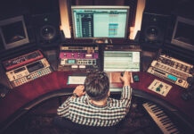 Music production computer in a studio