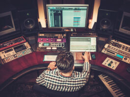 Music production computer in a studio