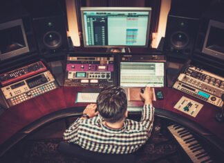 Music production computer in a studio
