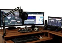 Music production computer with DAW.