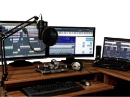 Music production computer with DAW.