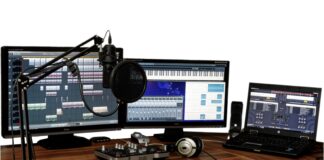 Music production computer with DAW.