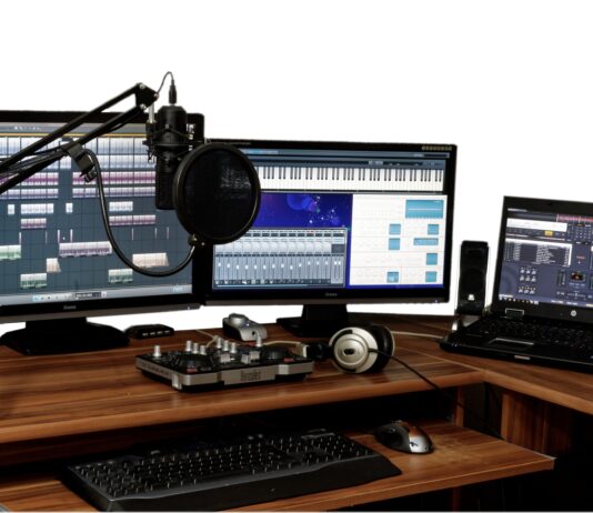 Music production computer with DAW.
